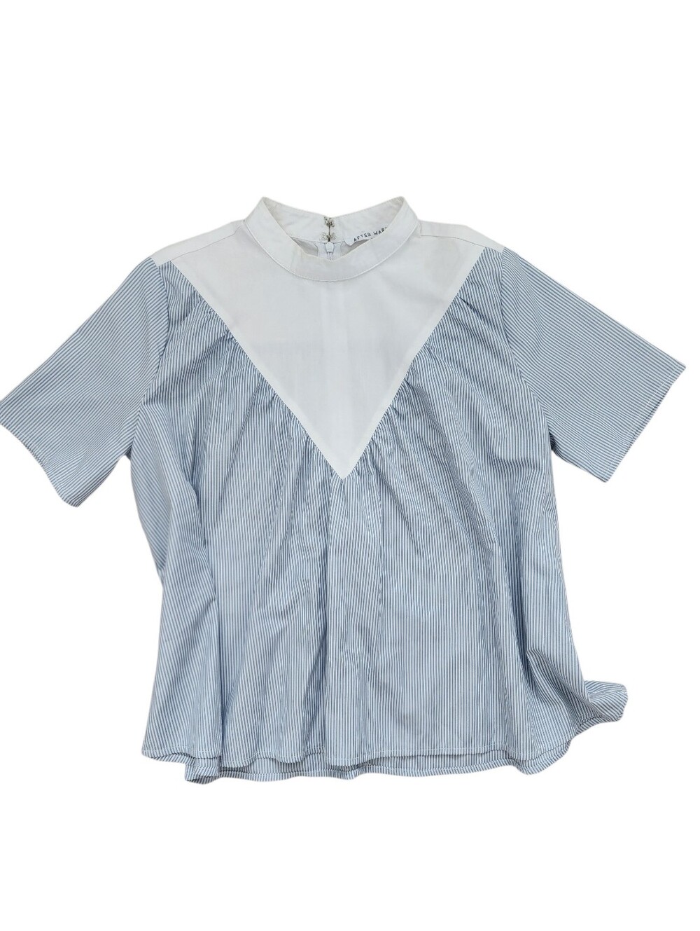 After Market High Collar Cotton Blue White Striped Blouse S